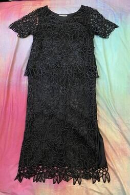 VTG Silken Poetry Silk Crochet Lace Beaded Skirt Set Black fairy romantic Sz S M